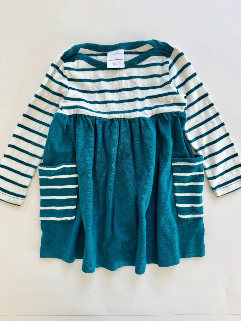 Hanna Andersson Organic Cotton Striped Pocket Dress Teal Cream 80 18-24M